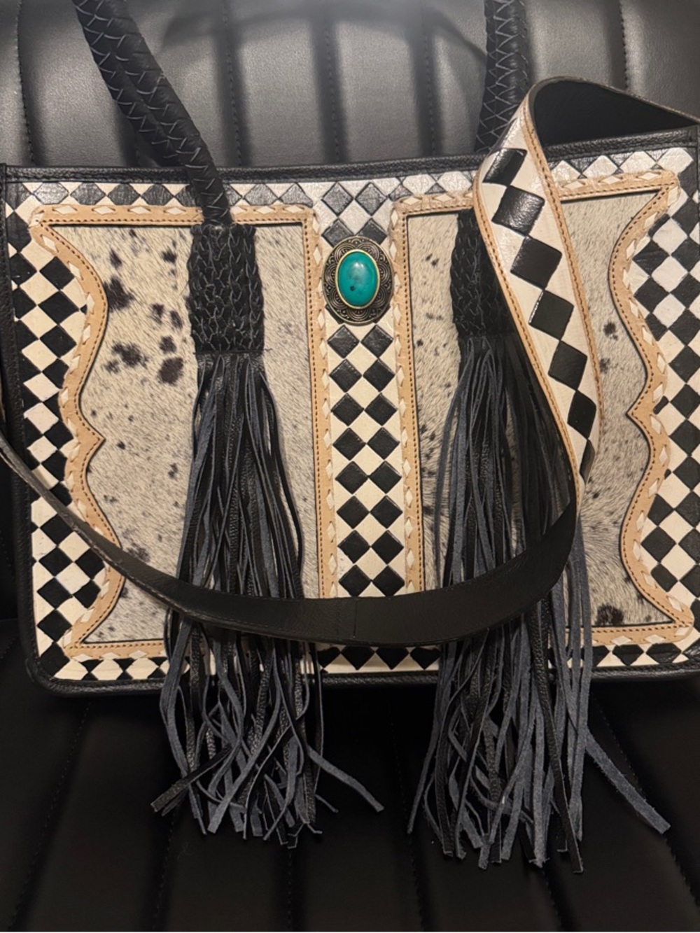 NWOT, never carried! Black & White Fringe Leather, Hair on Hide bag